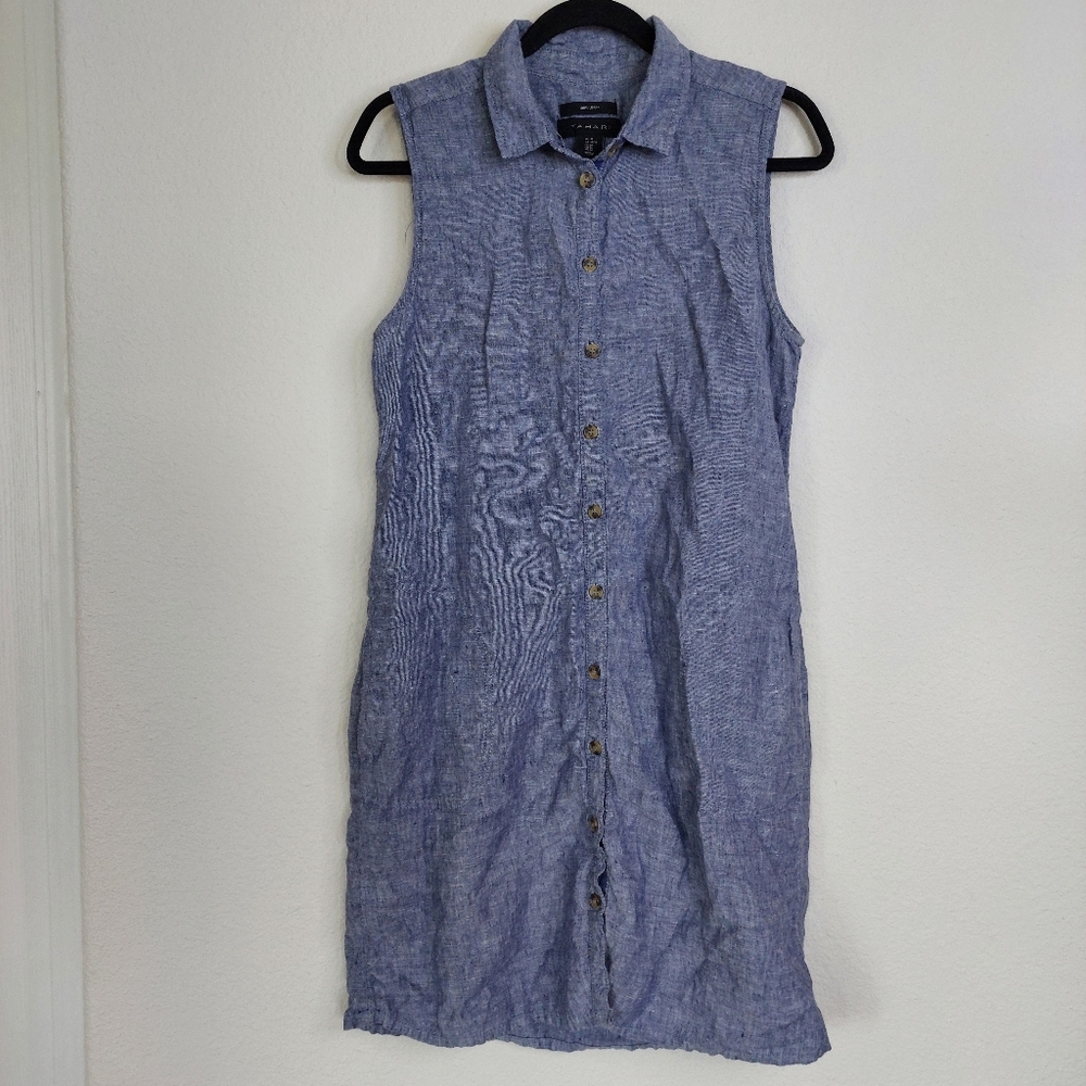 Tahari 100% Linen Button Down Sleeveless Shirt Dress Size Meduim‎